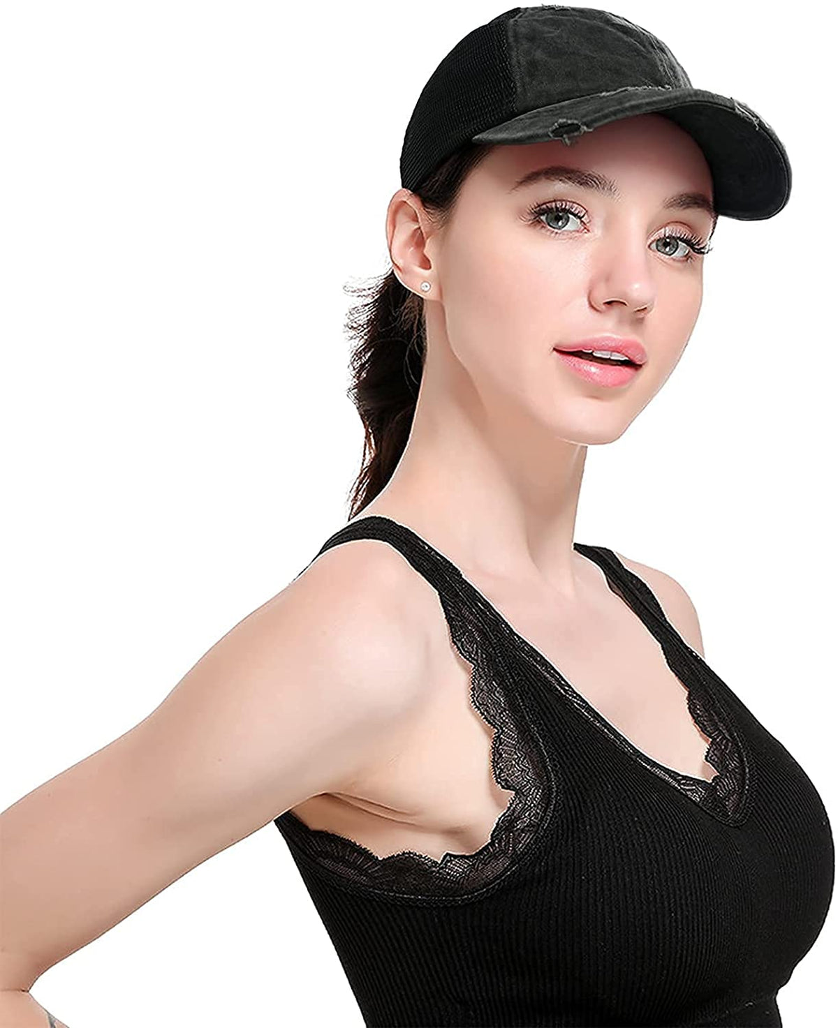 KASTWAVE Lady Trucker Hat, Cross Ponytail Hat, High Ponytail Hat, Women's Baseball Cap, Beanie(Black)