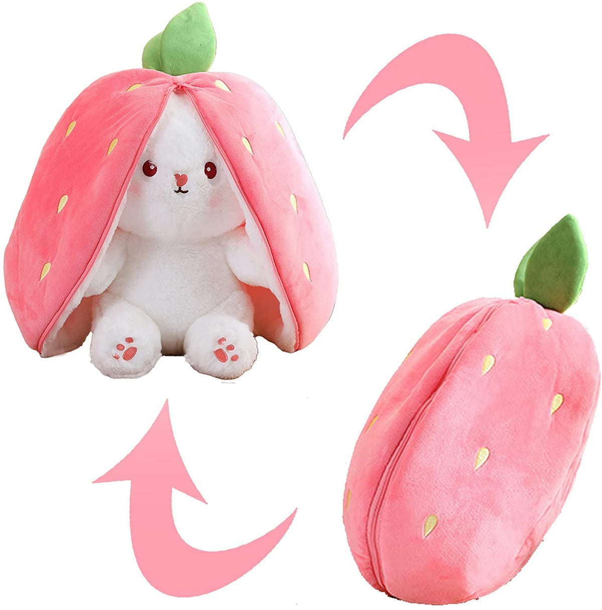 KASTWAVE Strawberry Bunny Plush Toys, Rabbit Muppet Toys, Strawberry Bunny Transformed into Little Rabbit Fruit Doll Plush Toy Carrot Rabbit Plush Doll Girl for Kids (Strawberry Rabbit, 18cm)
