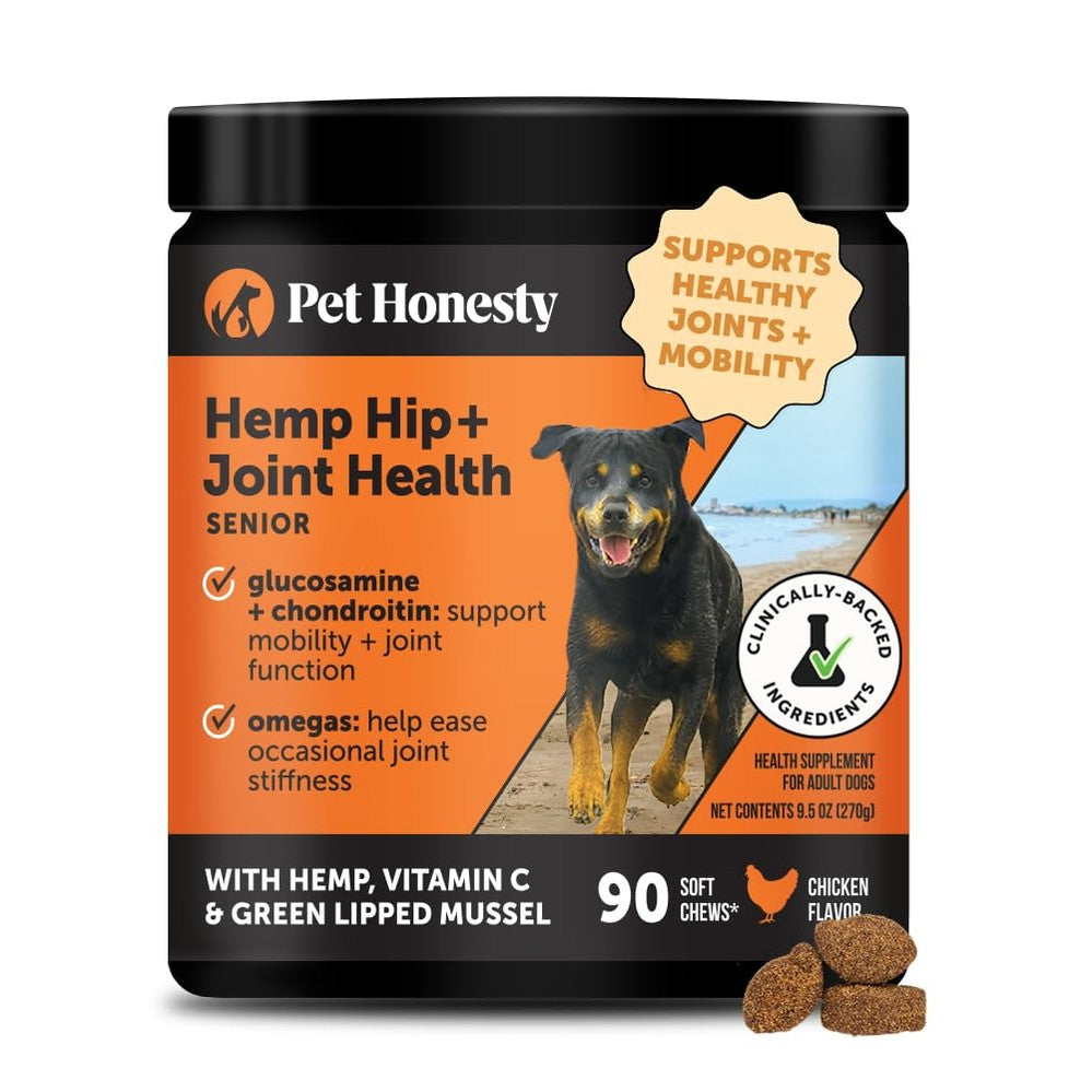 Senior Hemp Hip & Joint Supplement for Dogs - Dog Joint Supplement with Hemp Oil & Powder, Glucosamine, Collagen, MSM & Green Lipped Mussel - Mobility for Senior Dogs (Chicken 90)