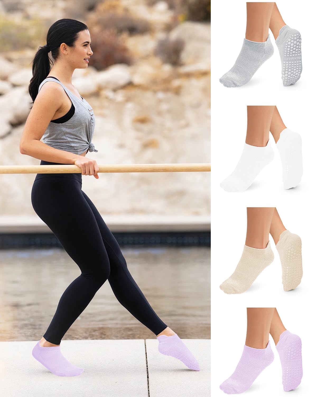 Non Slip Pilates Socks, 4 Pairs, Cotton Blend, Sizes 35-42