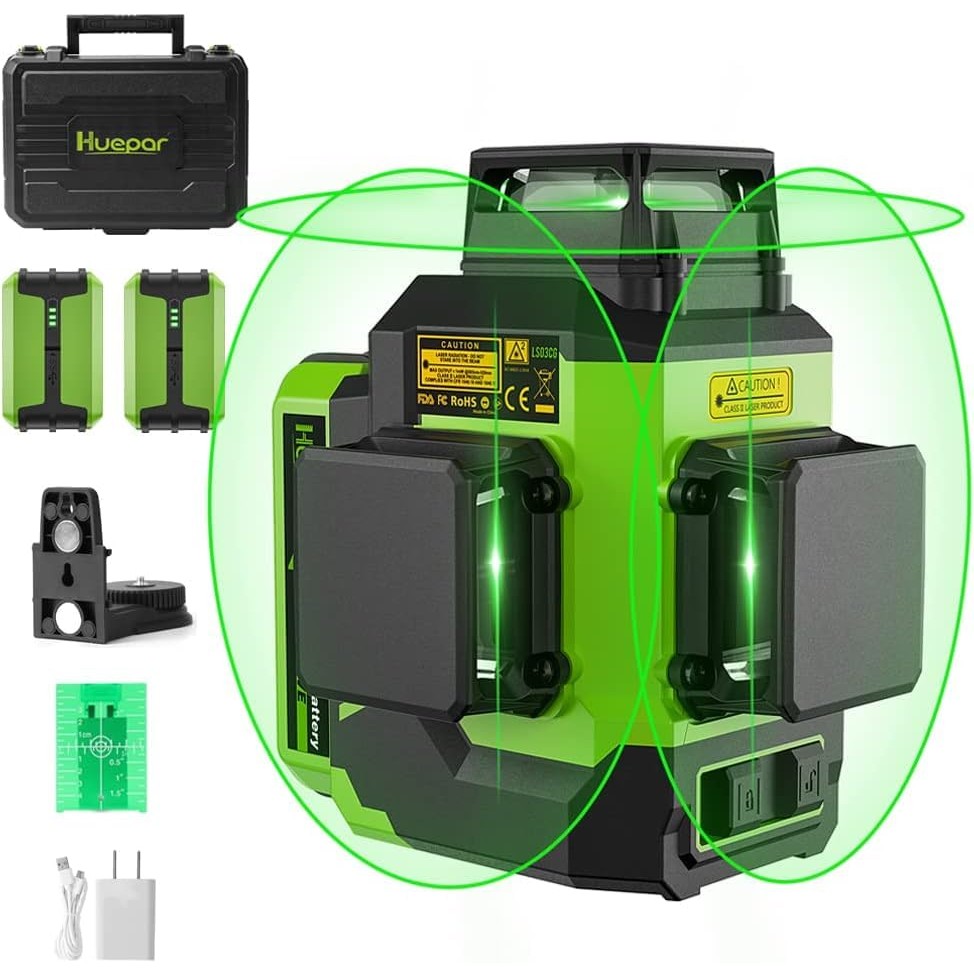 Huepar Laser Level 3x360 Self Leveling with 2 Rechargeable Batteries, 3D 12 Lines High Brightness Green Laser Level for Construction or Home Renovation, LS03CG - Medaid International
