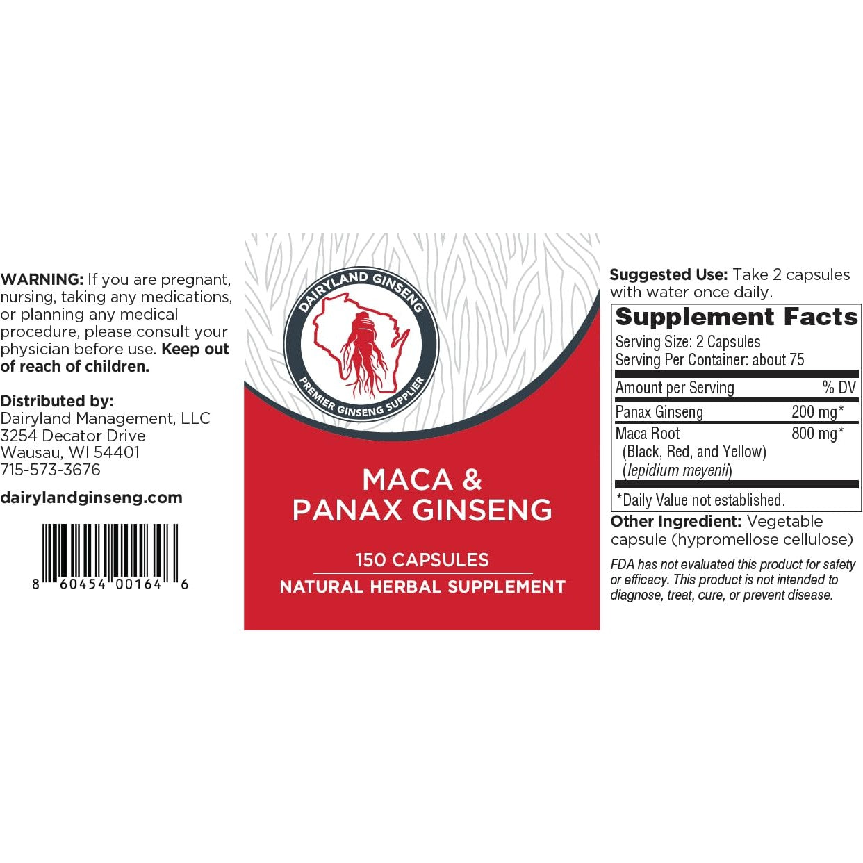 Maca Root Capsules + Korean Panax Ginseng - Concentrated Extract Black + Red + Yellow Maca Root, Panax Ginseng Capsules 150 ct - Medaid International