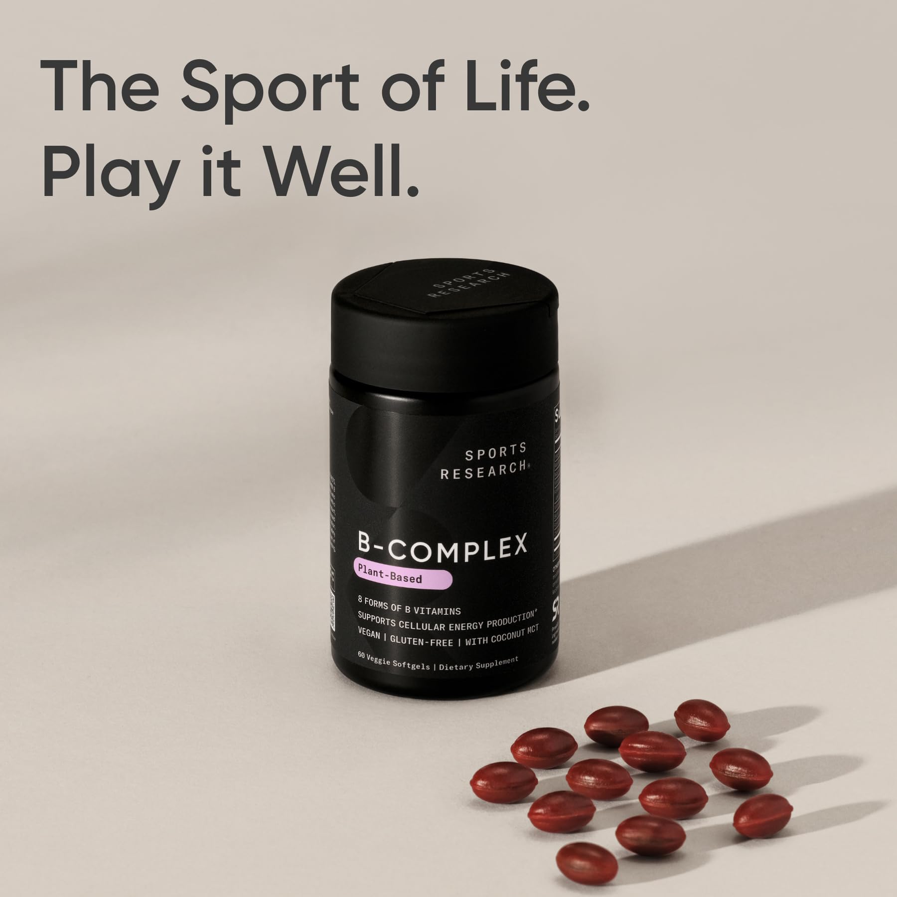 Sports Research® Vitamin B-Complex - Full Spectrum of B Vitamins with Methylated B12 & Folate - Gluten Free · Plant-Based · Non-GMO · Vegan-Friendly Formula - 60 Veggie Softgels - Medaid International