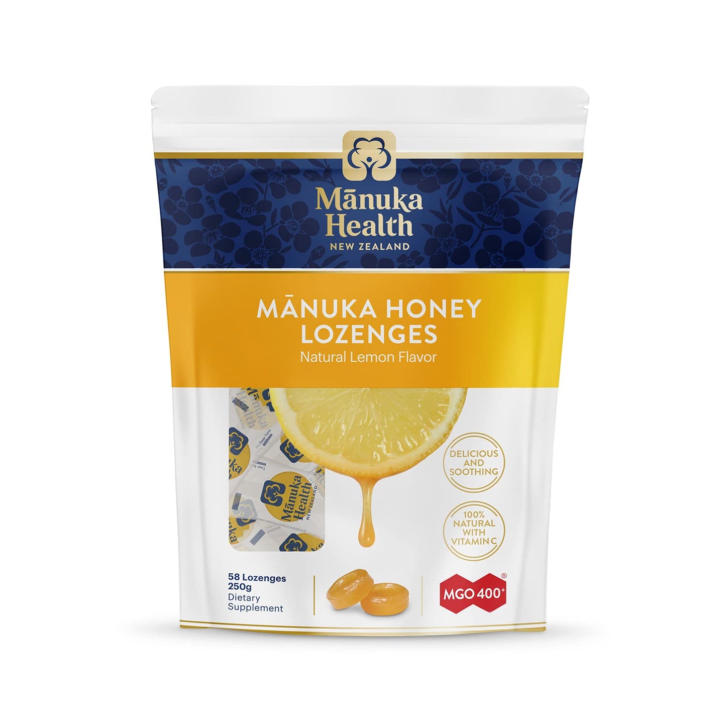 Manuka Health Manuka Honey Cough Drops – 58 Natural Lemon Flavored Throat Lozenges Infused with Raw Manuka Honey and Vitamin C for Immune Support - Medaid International