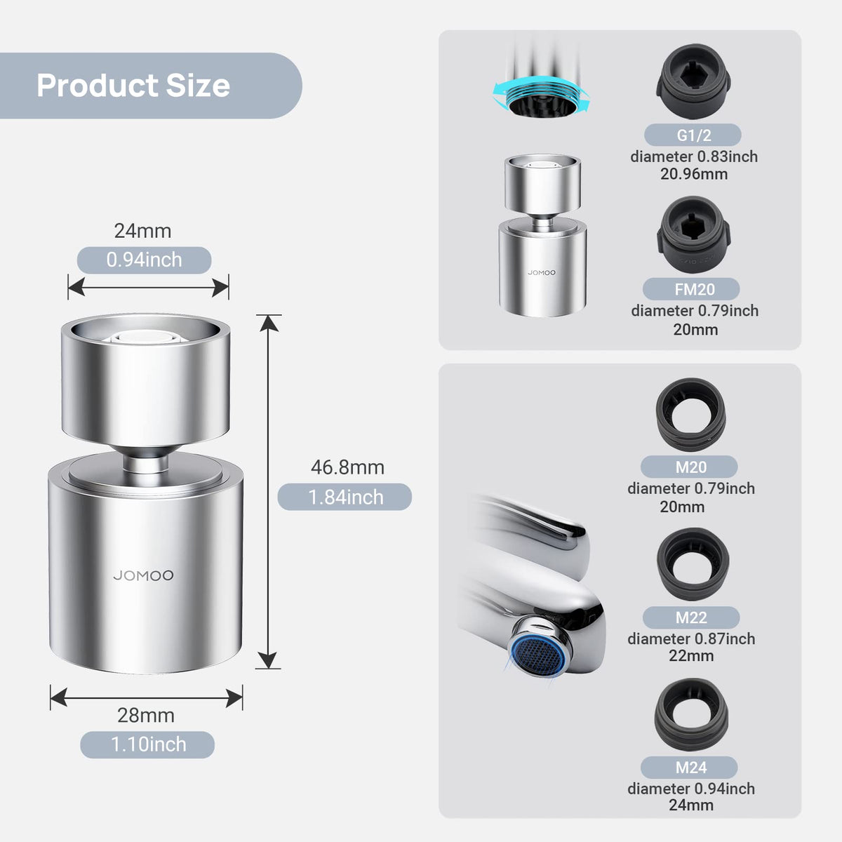 JOMOO Splash Filter Faucet Aerator, 360-Degree Rotate Conservation Faucet with 5 Adapters and Gasket, Faucet Sprayer Replacement Part for Kitchen and Bathroom