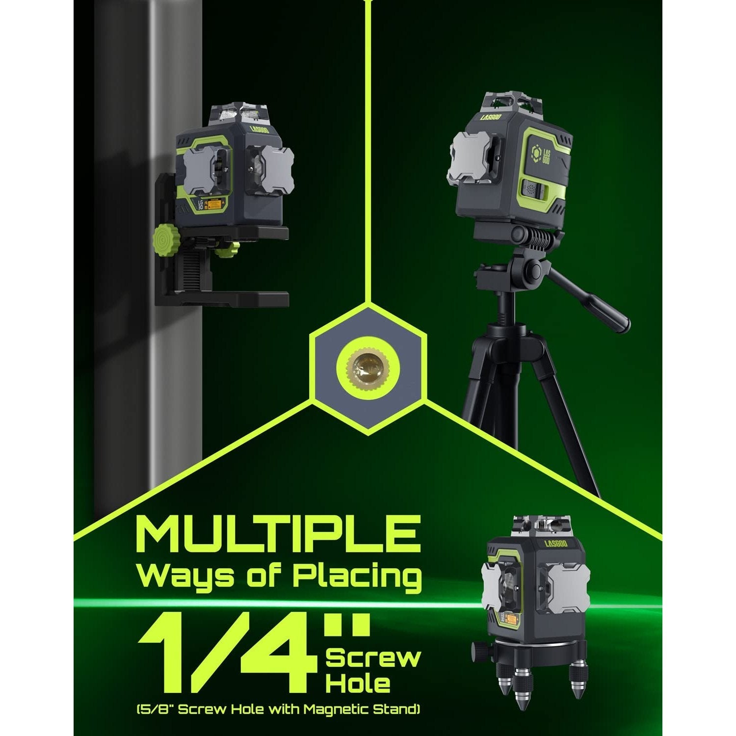 LasGoo LG-3D Laser Level Self Leveling 3x360°, 3D Green Beam Cross Line Laser for Construction and Picture Hanging, 2 Rechargeable Batteries (20 Hrs), Magnetic Liftable Stand Included, Green - Medaid International
