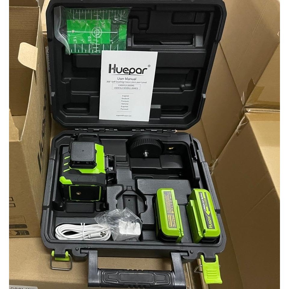 Huepar Laser Level 3x360 Self Leveling with 2 Rechargeable Batteries, 3D 12 Lines High Brightness Green Laser Level for Construction or Home Renovation, LS03CG - Medaid International