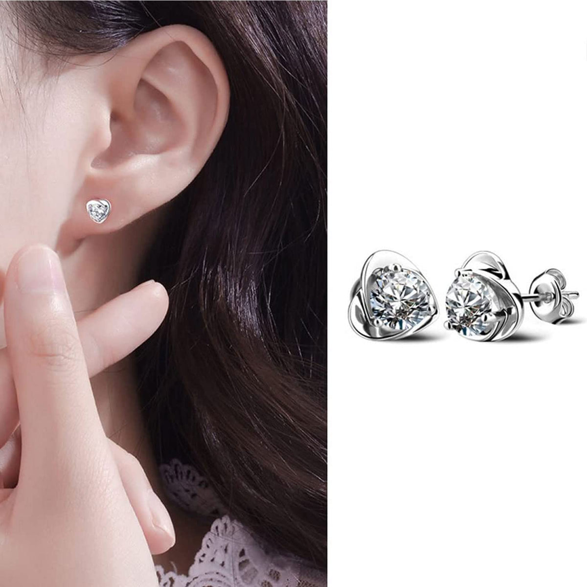 TERRIFI 925 Sterling Silver Stud Earrings Set, Hypoallergenic Sterling Silver Earrings For Women, Flower Clear Cubic Zirconia Stud Earrings, 9 Pairs Different Sizes Sterling Silver Earring Studs