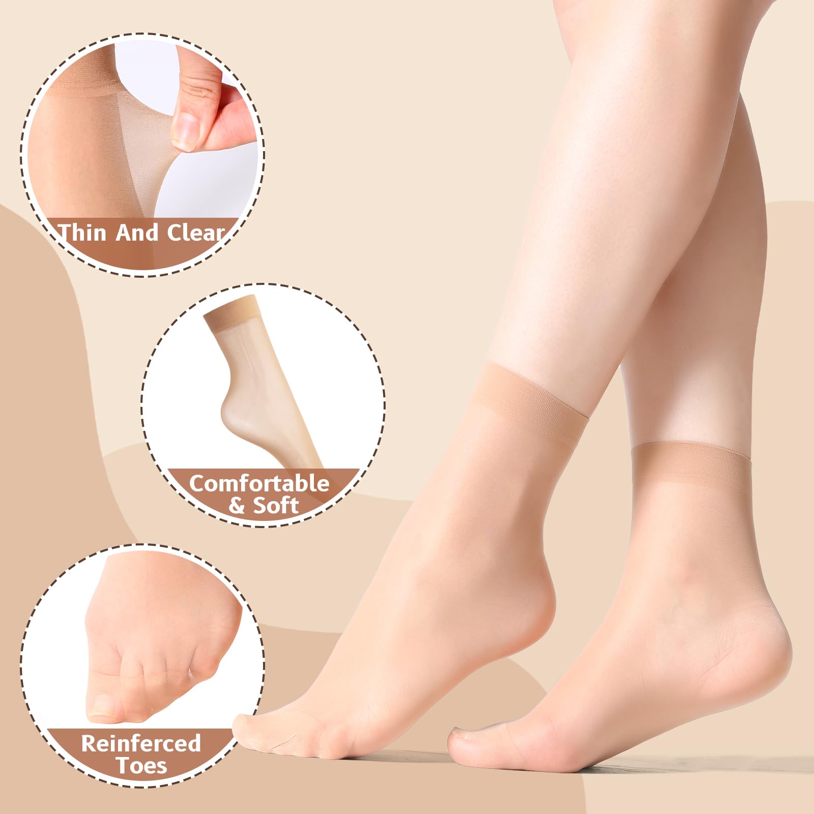 MANZI 12 Pairs Women's Ankle High Sheer Socks, 12 Pairs Natural - Medaid International