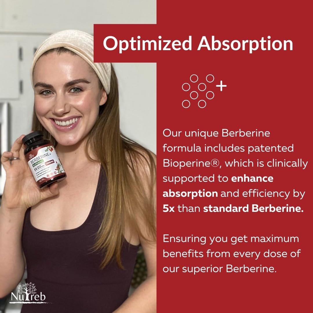 Nutreb Berberine Supplement 1200mg - 5X Higher Absorption - Ultra Pure 98% Berberine HCL - Healthy Weight Management, Immune Support - Non GMO, Manufactured in USA - 60 Vegan Capsules - Medaid International
