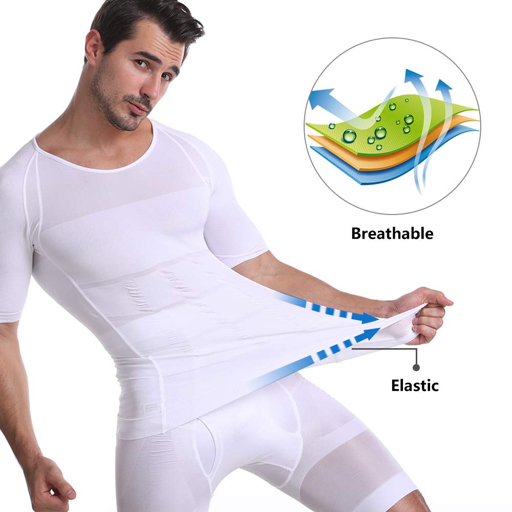 Cacosa Men's Body Shaper Slimming Shirt Tummy Waist Lose Weight Shirt, Men's Elastic Sculpting Vest Thermal Compression Base Layer Slim Compression Muscle Tank (White, L) - Medaid International