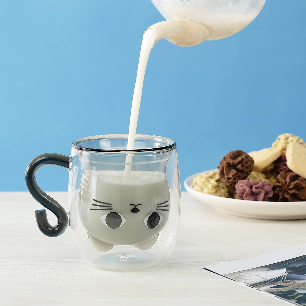 KASTWAVE Black Cat Mug Cute Mug with Handle Double Walled Coffee Mug Kawaii Cat Presents for Women Glass Mugs Tea Cup Cute Birthday Gifts Mug for Cat Lovers Birthday Present Idea