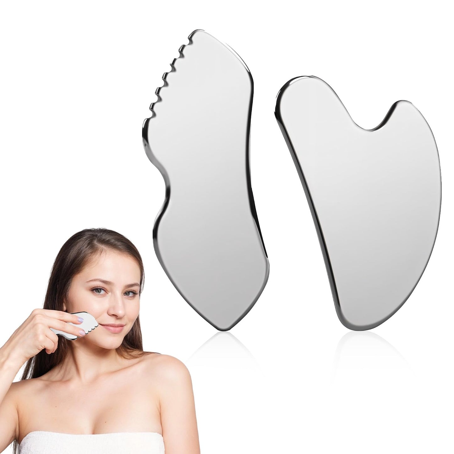 Meyeyaia 2 Pcs Stainless Steel Guasha Facial Tool,Face Guasha Tool for Facial Sculpting Relaxation,Tighten Skin,Jawline Sculpting,Puffiness Reducing,Gift for Women,Skin Care Gifts - Medaid International