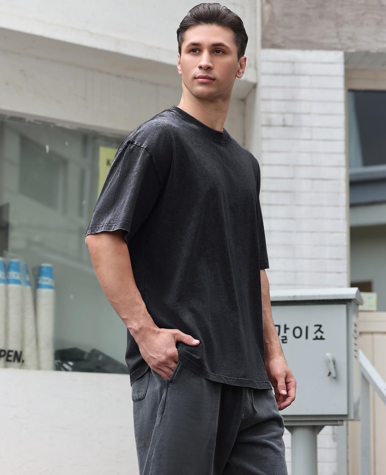 KEEPSHOWING Men's Cotton T-Shirts Oversized Unisex Short Sleeves Casual Loose Wash Solid Basic Tee Tops(A-Black L) - Medaid International