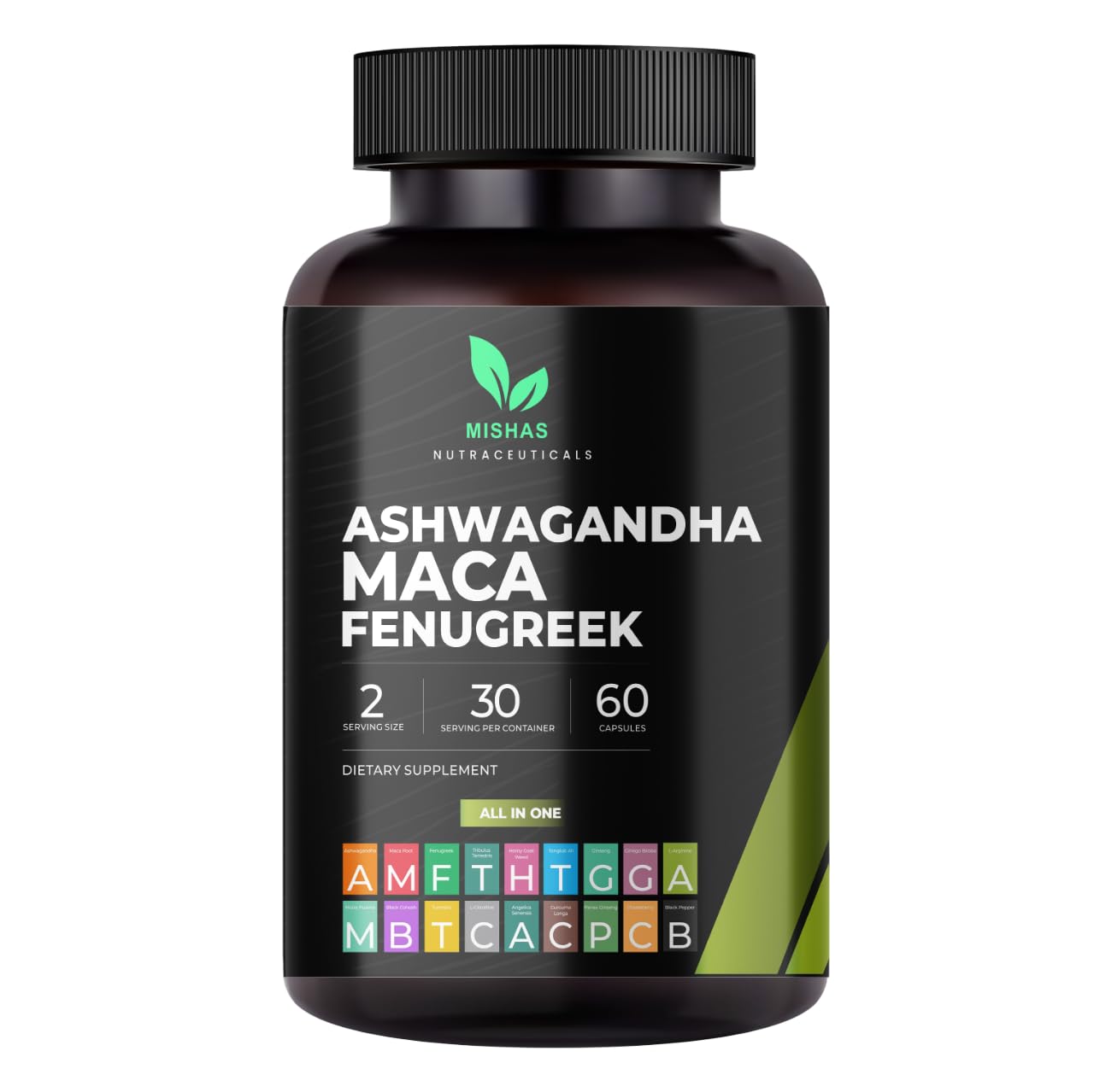 Mishas Nutraceuticals Ashwagandha, Maca Root, Fenugreek Supplement with Ginseng – Supports Stress Relief, Mood Balance & Thyroid Health – 60 Capsules - Medaid International