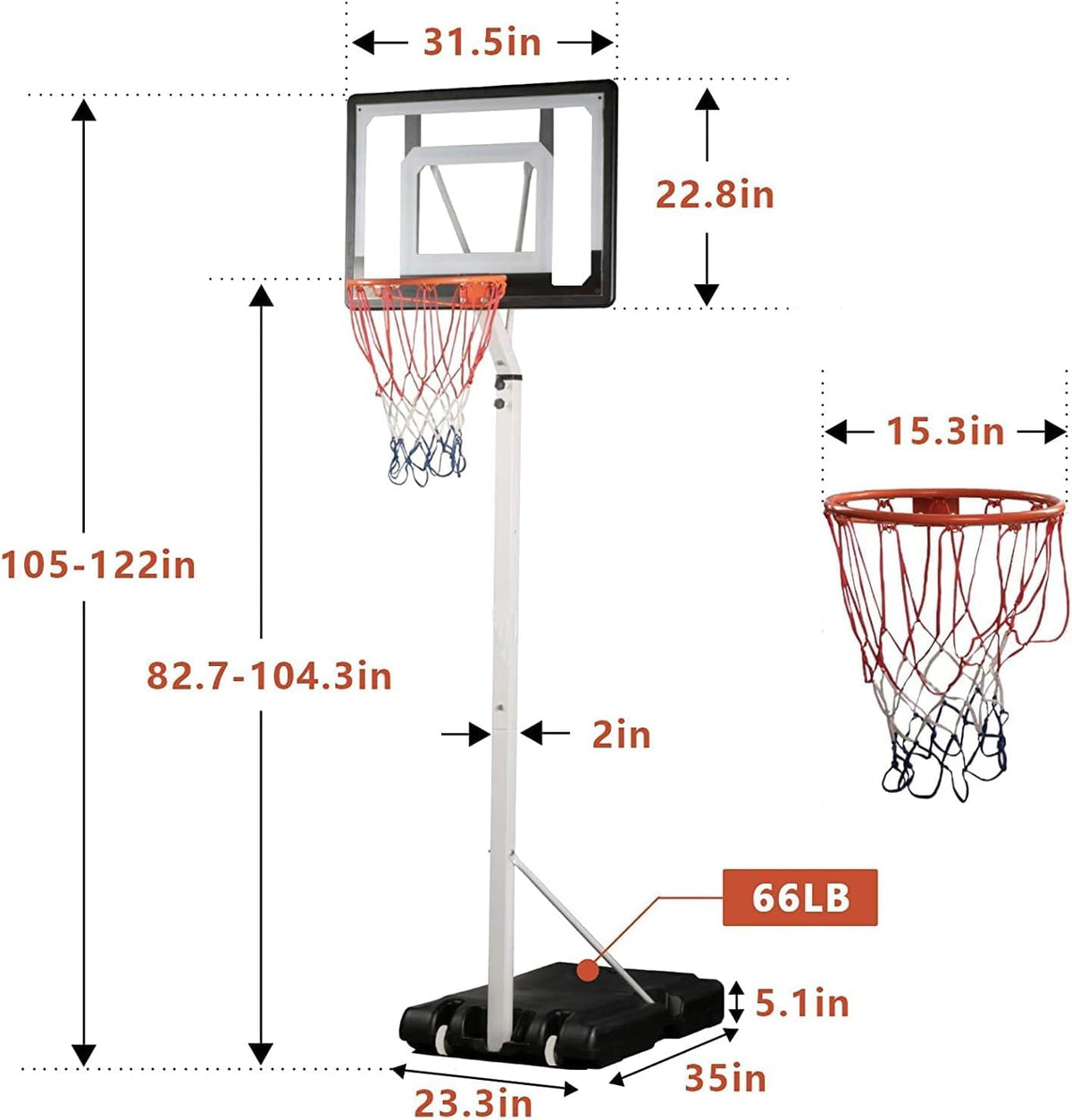Portable Height-Adjustable Basketball Hoop Assembles, Adjustable Outdoor Indoor Basketball Hoop Goal System Stand with Wheels for Adults and Kids, with Sheath, Basketball, Pump