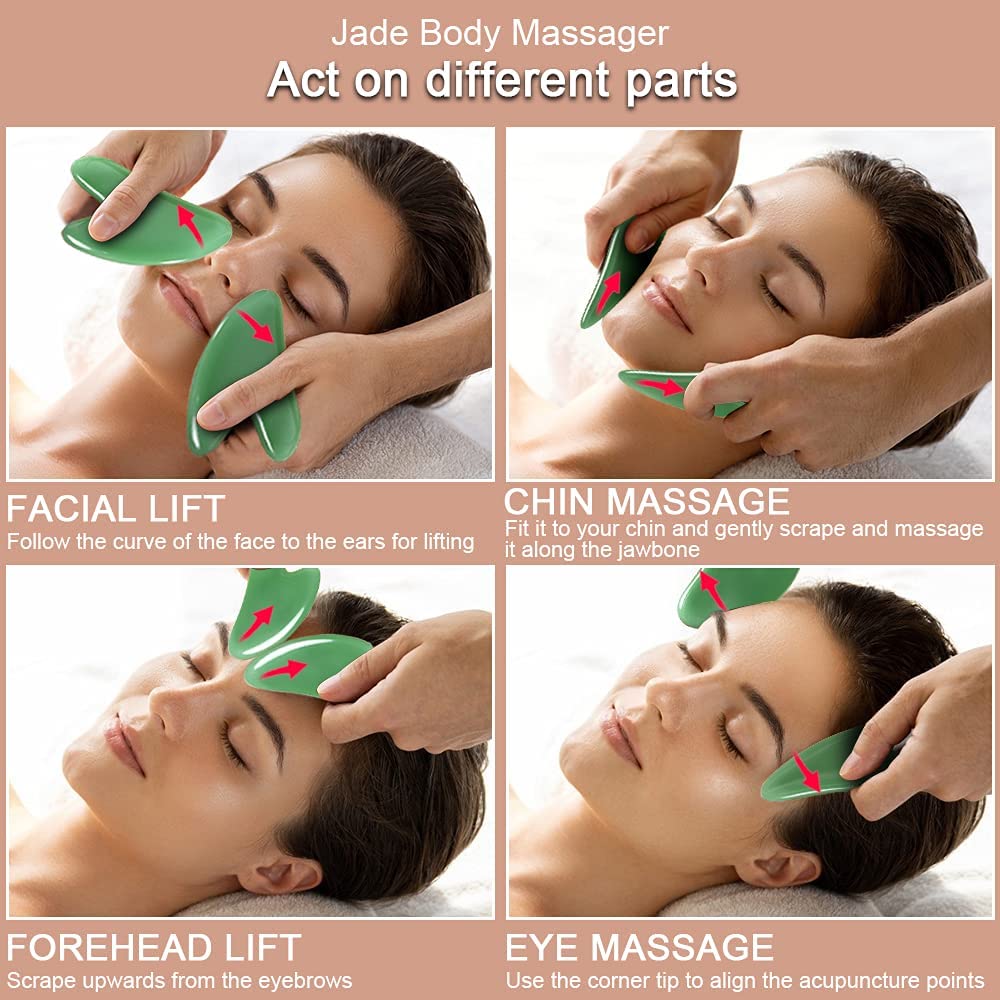 URAQT Gua Sha Massager Tool, 2 Pcs Natural Jade Stone Guasha Board, Gua Sha Scrapping Massager Stones for Physical Therapy and SPA Acupuncture Therapy, Guasha Facial Tool for Face, Eye, Neck, Body - Medaid International
