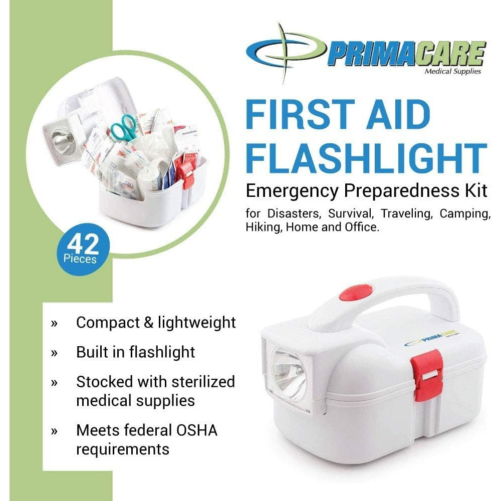 Primacare KB-9005 First Aid Flashlight Emergency Preparedness Kit for Disasters, Survival, Traveling, Camping, Hiking, Home and Office, 42 Pieces White