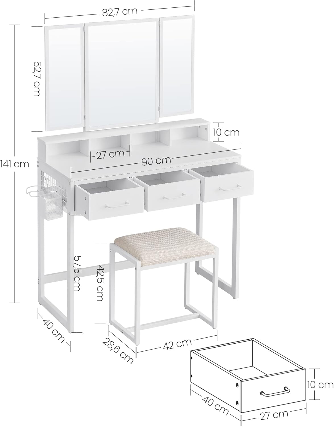 VASAGLE Dressing Table with Padded Stool RVT004W14V1