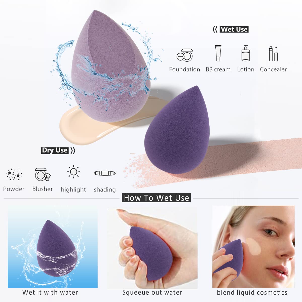 Makeup Sponges Set - Beauty sponges Blending Blenders with 1 Holder and Egg Case, Flawless for Cream, Powder and Liquid (Purple, 4Pcs+1Holder+ case) - Medaid International