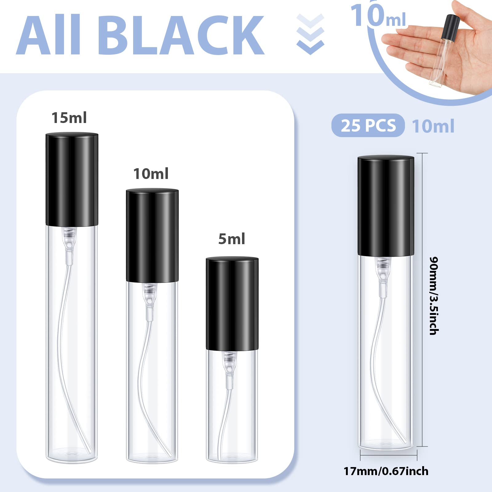 Yinder 25 Pcs 10 ml Glass Refillable Perfume Bottles Bulk Travel Empty Perfume Atomizer Sprayers Portable Spray Bottles Mini Sample Fragrance Containers, Black - Medaid International
