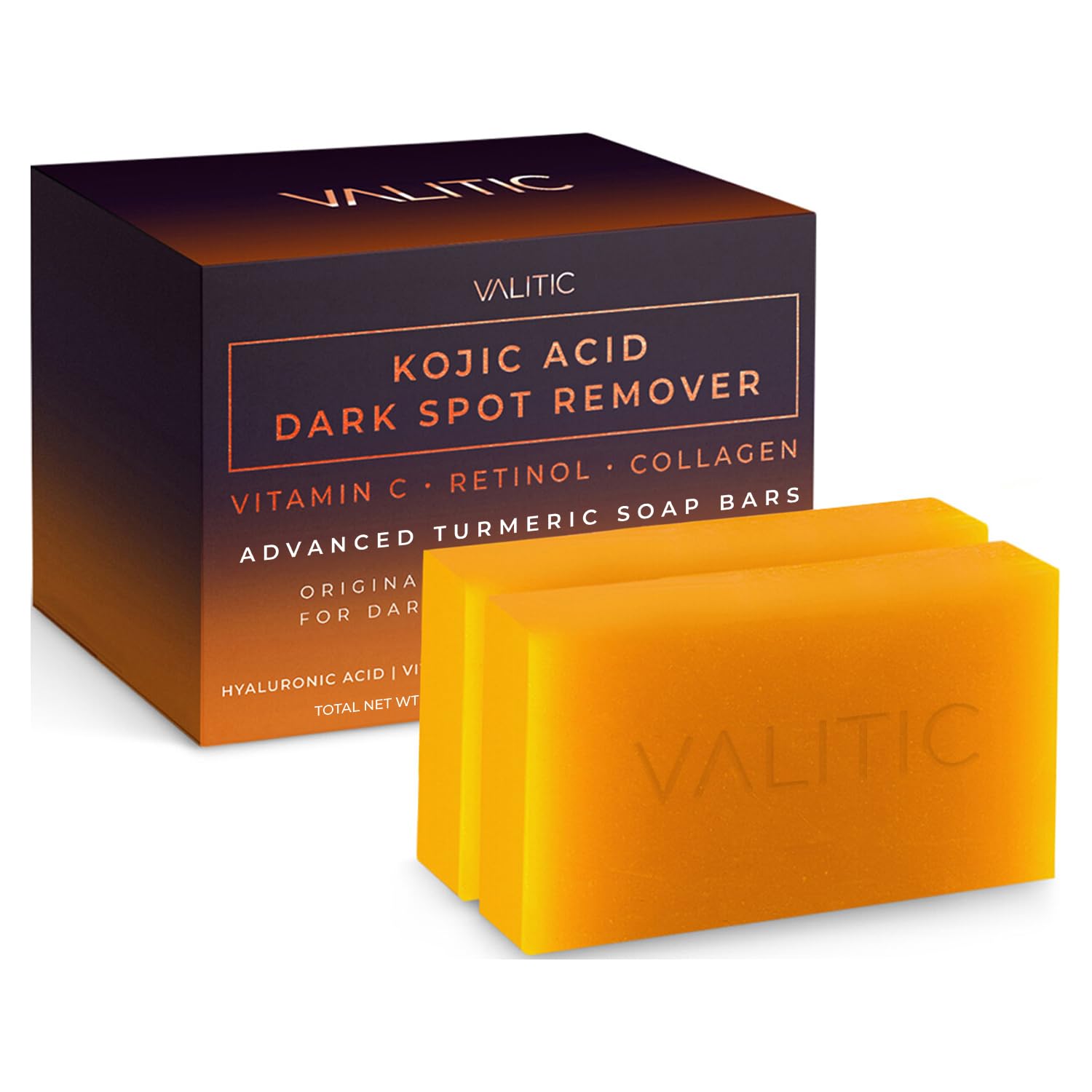VALITIC Kojic Acid Dark Spot Remover Soap Bars with Vitamin C, Retinol, Collagen, Turmeric - Original Japanese Complex Infused with Hyaluronic Acid, Vitamin E, Shea Butter, Castile Olive Oil (2 Pack) - Medaid International