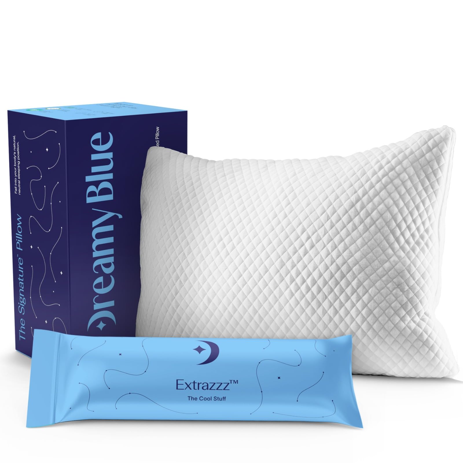 DreamyBlue Signature Pillow w/Adjustable Loft • Shredded Memory Foam Fill • Neutral Alignment for Side, Back, and Stomach Sleepers • Washable Bamboo Rayon Cover • CertiPUR-US Certified Foam (Queen) - Medaid International