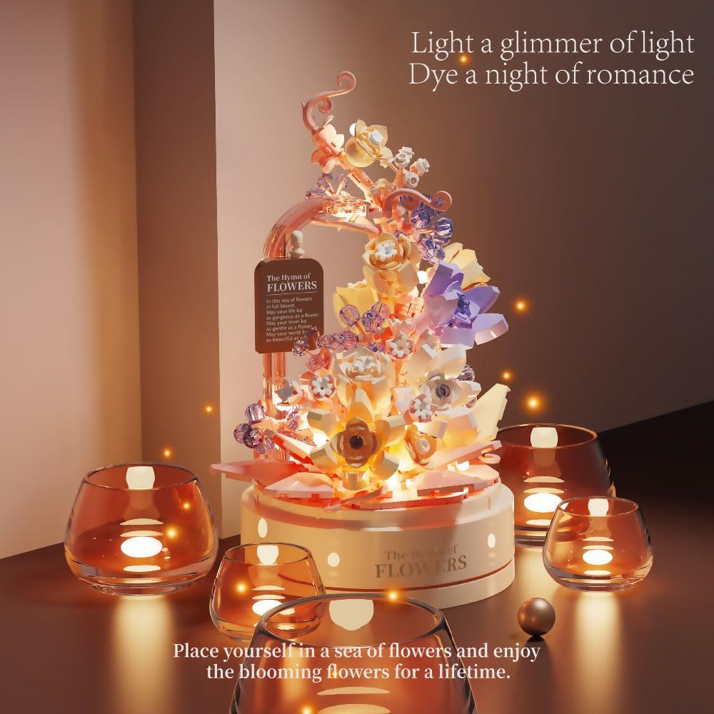 KASTWAVE Flower Building Set with Music Box Base & LED, Ideal Floral Building Block Toy Gift for Girls 8+, Floral Building Toy Office Home Decor, Mini Brick 560 PCS