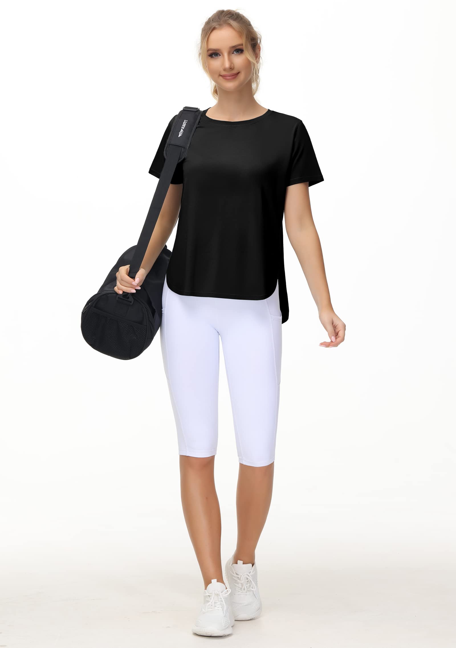 THE GYM PEOPLE Women's Workout T-Shirts Loose Fit Short Sleeve Cotton Running Basic Tee Tops with Split Hem - Medaid International