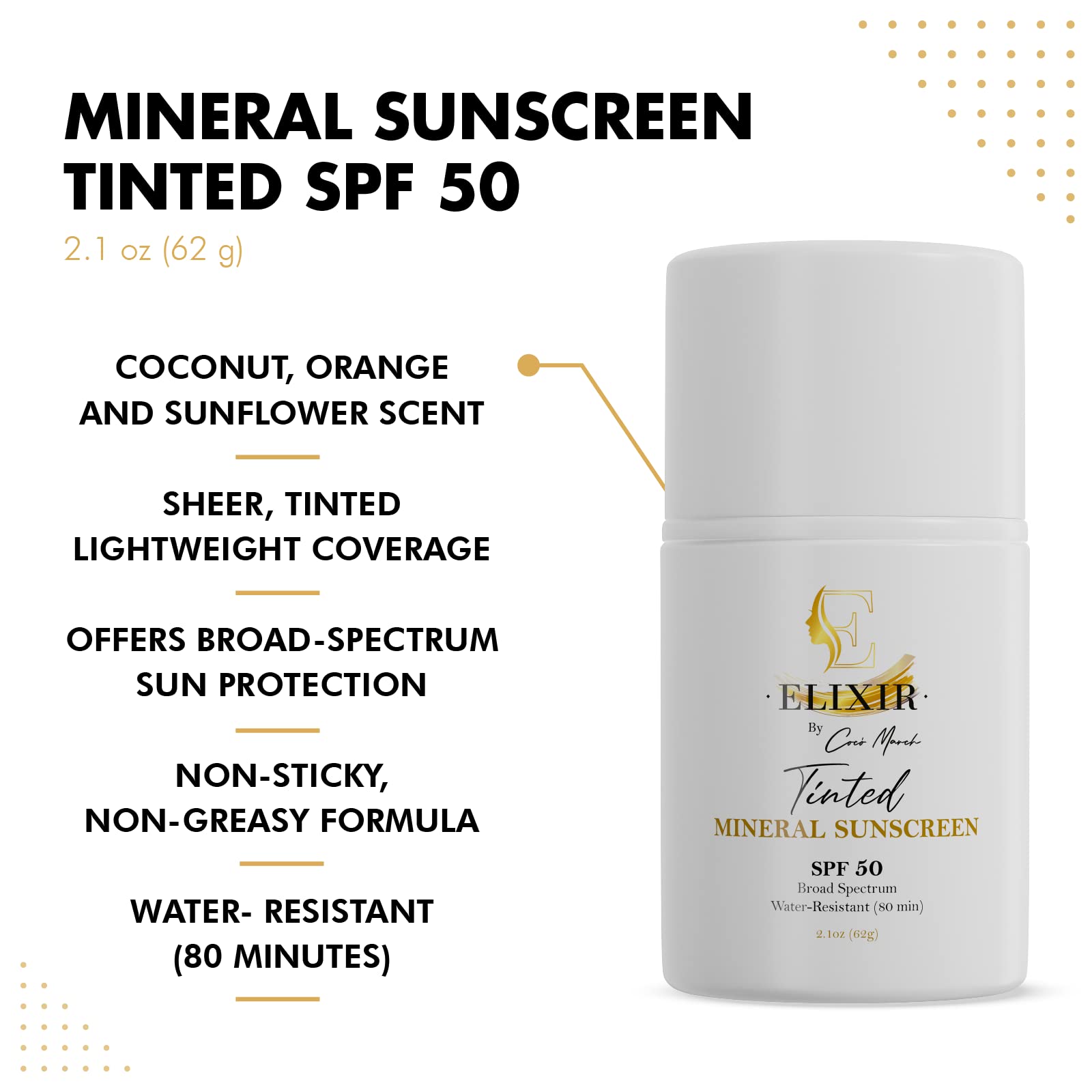 Elixir by Coco March Broad Spectrum Mineral Tinted Sunscreen SPF 50 Water-Resistant-80 min, Hydrates and Enhances Skin, Adults and Children- 2.1 oz 59 g - Medaid International