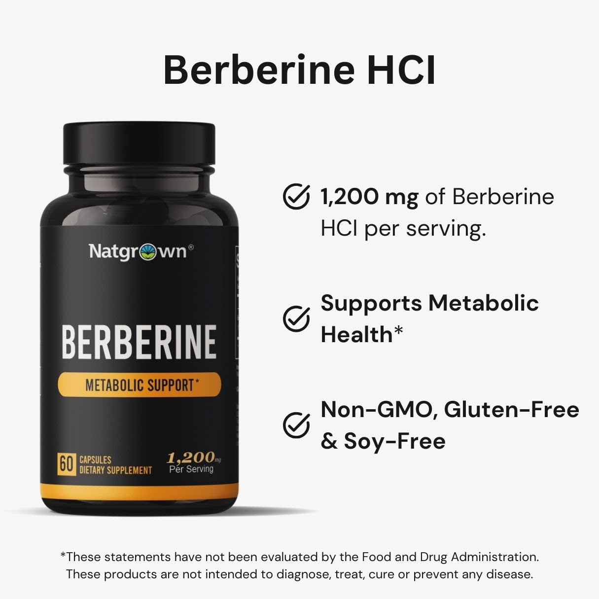 Natgrown Berberine Supplement - Berberine HCl 1200 mg Per Serving - Vegan, Gluten Free, Non-GMO - 60 Capsules - Medaid International