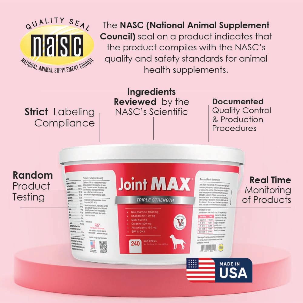 Joint MAX TS Joint Supplement Vet Formulated Pain & Inflammation Relief Treats Hip Dysplasia & Arthritis.Glucosamine, Chondroitin, Turmeric, MSM, HA, Creatine, Omega 3 EPA+DHA. All Dogs 240 Soft Chews
