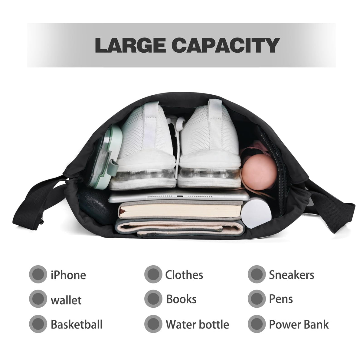 TERRIFI Drawstring Backpack for Gym Sports Travel & Daily Use, Waterproof Cinch Bag with Wet Pocket, Adjustable Pull String Sack for Men Women (Black)