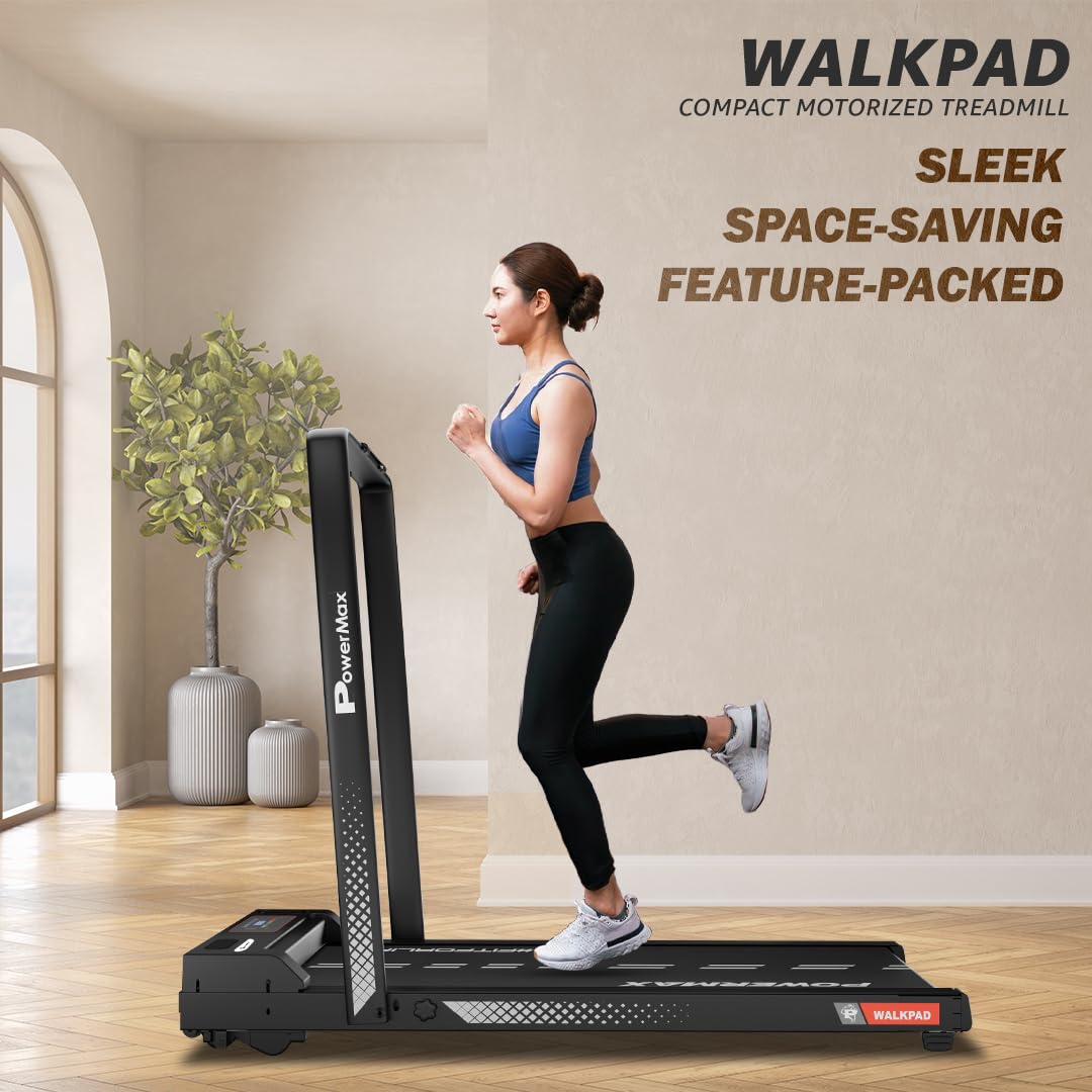 PowerMax Fitness WALKPAD (3HP Peak) Compact Motorized Treadmill for Home-Office use with Remote Control, Max User 110kg, Top Speed 10km/h, 1000x400mm Running Deck, LED Display, iPad & Mobile Holder - Medaid International