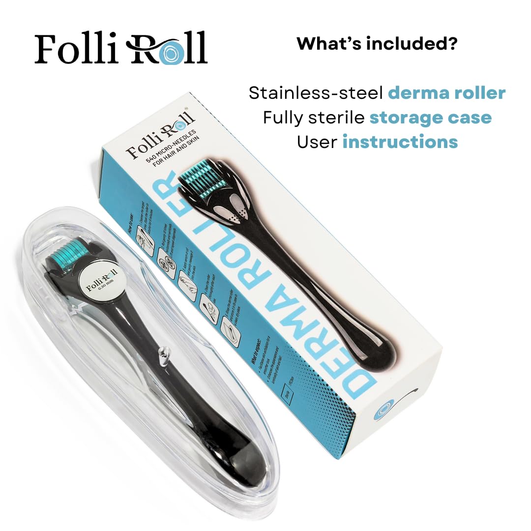 FolliRoll Derma Roller - 540 Microneedles for HAIR, BEARD & SKIN | Microneedling Roller for Men and Women - for Face & Scalp Derma Stamp - FREE STORAGE CASE (Blue, 0.30mm) - Medaid International