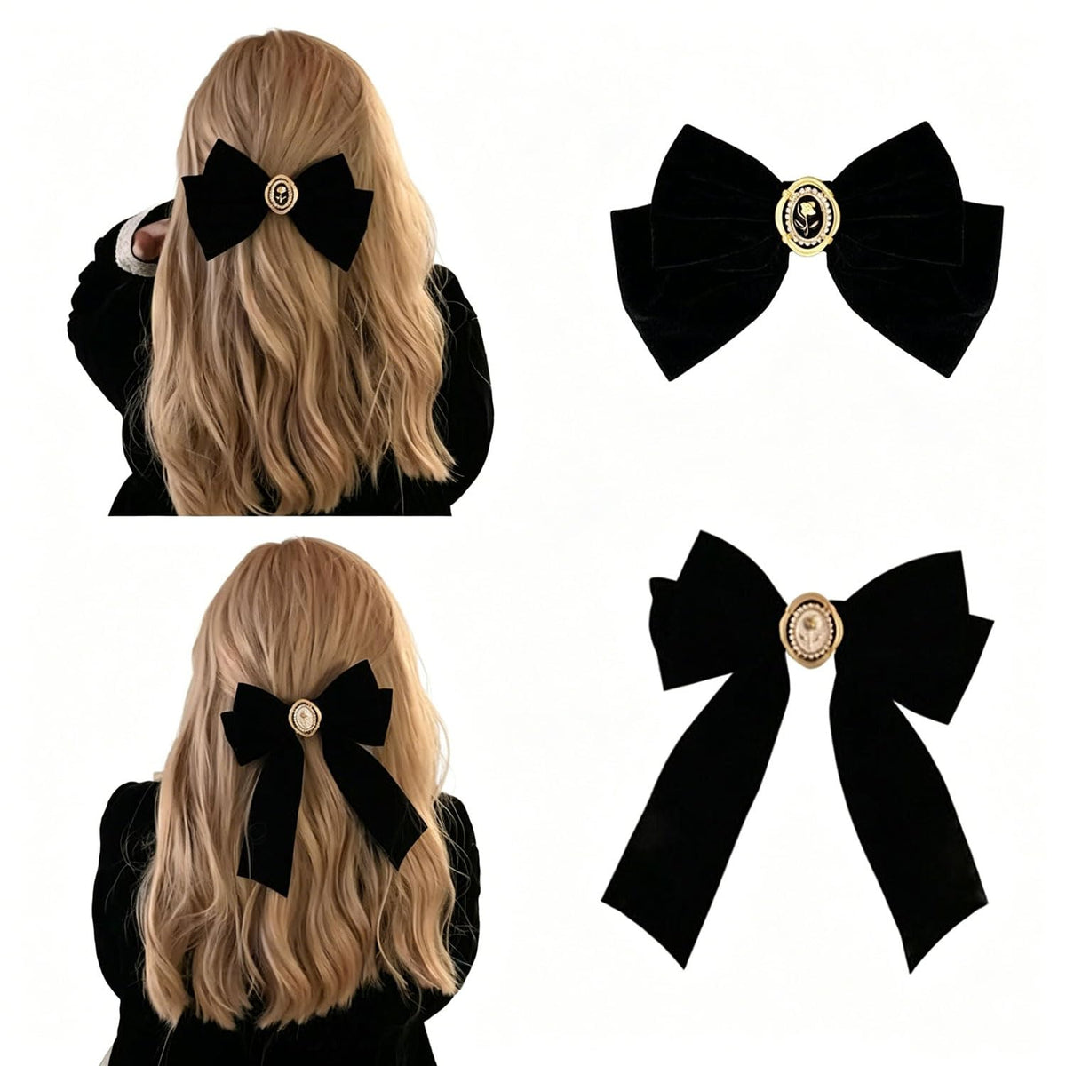 TERRIFI Velvet Hair Bows, Black Ribbon Clips, Ponytail Barrettes Accessories, for Women Girls Party Holiday Birthday Decoration Back to School Gifts 2 pcs