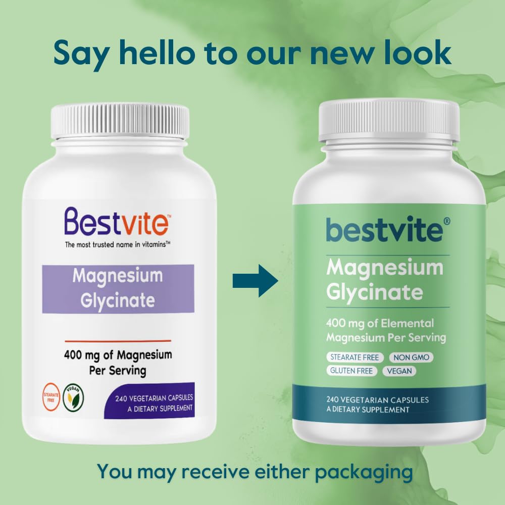 BESTVITE Filler-Free Magnesium Glycinate - 400mg of Magnesium per Serving (240 Veg Caps)- Chelated Bisglycinate for Muscle, Relaxation, Stress & Sleep Support* - For Men & Women - No Stearates - Vegan - Medaid International