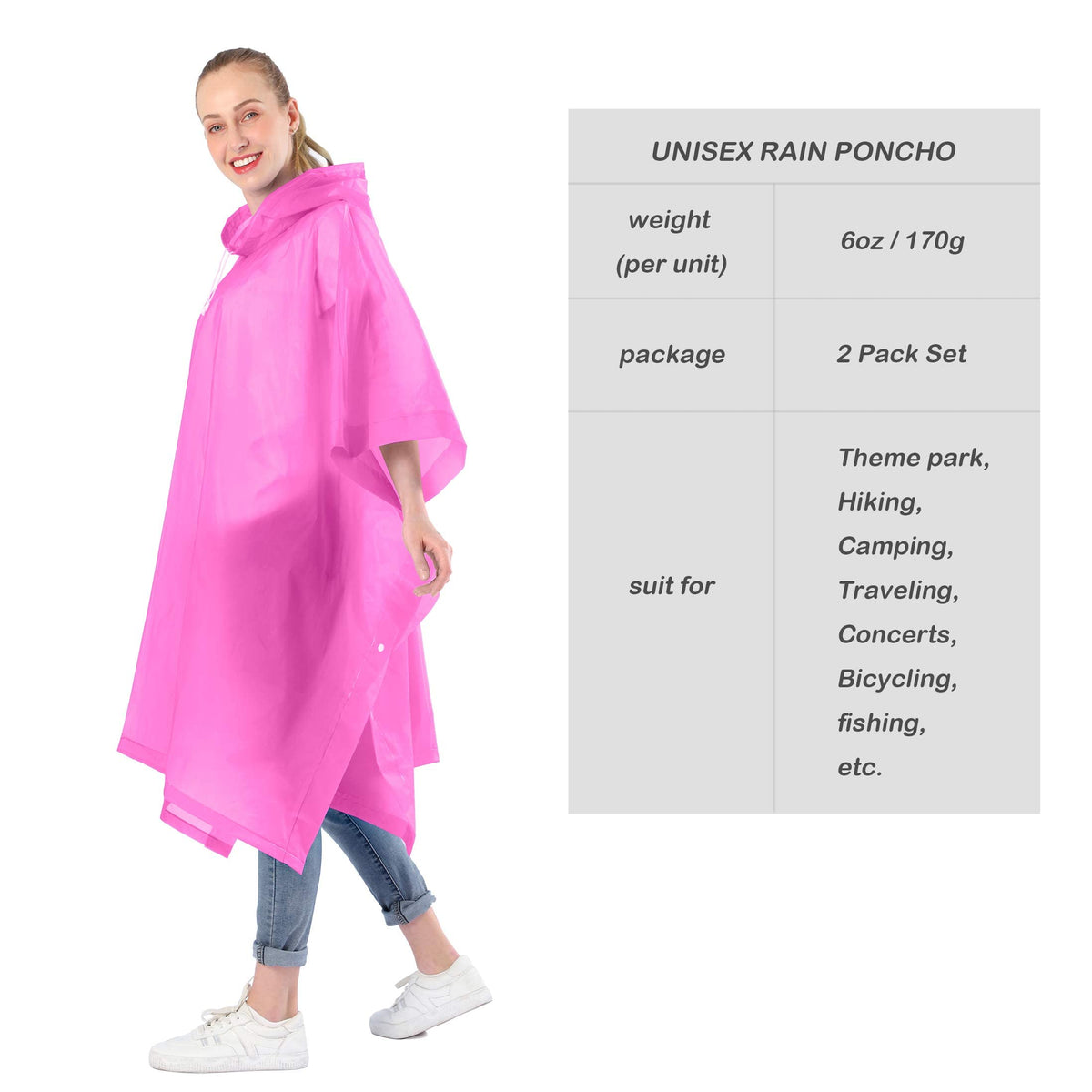 KASTWAVE Portable EVA Raincoats for Adults, Reusable Rain Ponchos with Hoods and Sleeves Lightweight Raincoats for Lightweight for Adults, Emergency, Camping, Men, Women(2 Pack) (Pink)