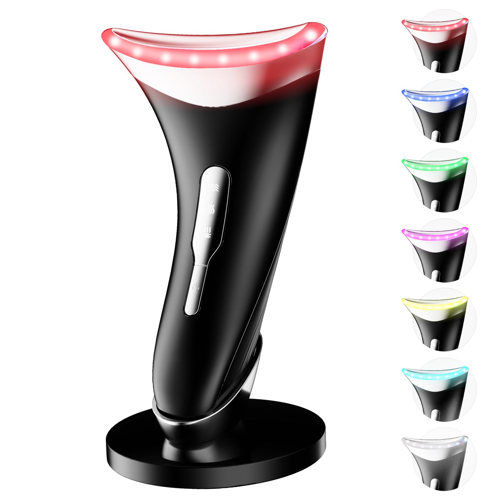 Dopsikn 7 Color Light Therapy Facial Massager with Adjustable Vibration and Thermals for Wrinkles, Double Chin, Red Light Skin Care Tool with Base, Black - Medaid International