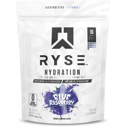 RYSE Hydration Electrolyte Powder Drink Mix Packets - Blue Raspberry - Sugar-Free Full Spectrum Electrolytes with Essential Vitamins, Taurine and Choline for Rehydration - 16 Serving Sticks - Medaid International
