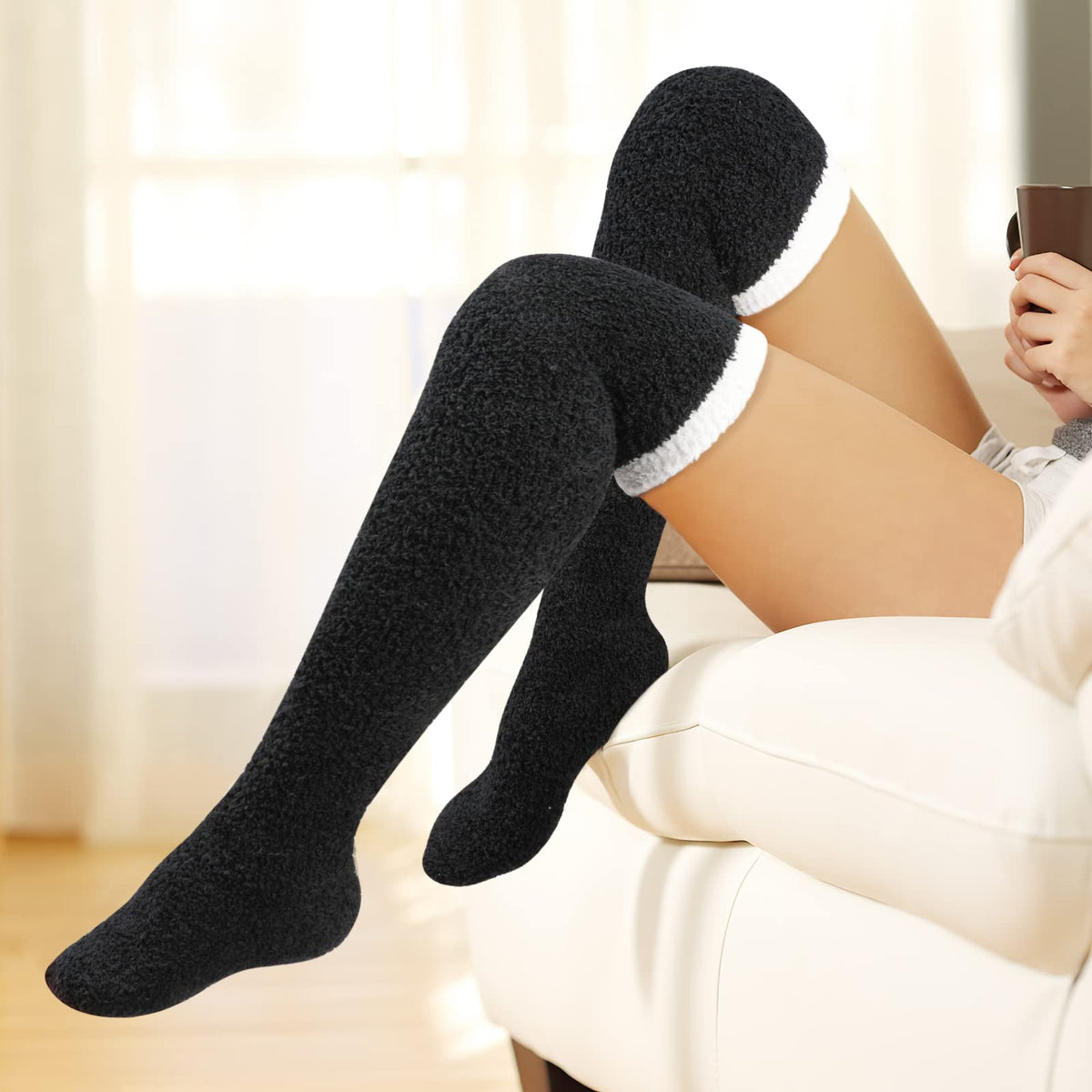Coral Fleece Thigh High Socks, 2 Pairs, One Size