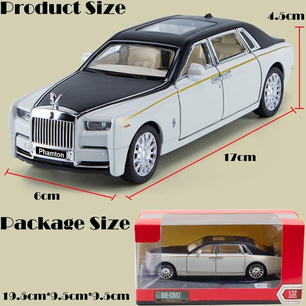 Amerteer Alloy Rolls Royce Model Car 1:32 Car Model For Rolls-Royce Phantom Car Model Diecast Toy Cars With Sound & Light & 6 Open Doors For Kids Boy Girl Collect Gift SUV Model Car (White with Black)