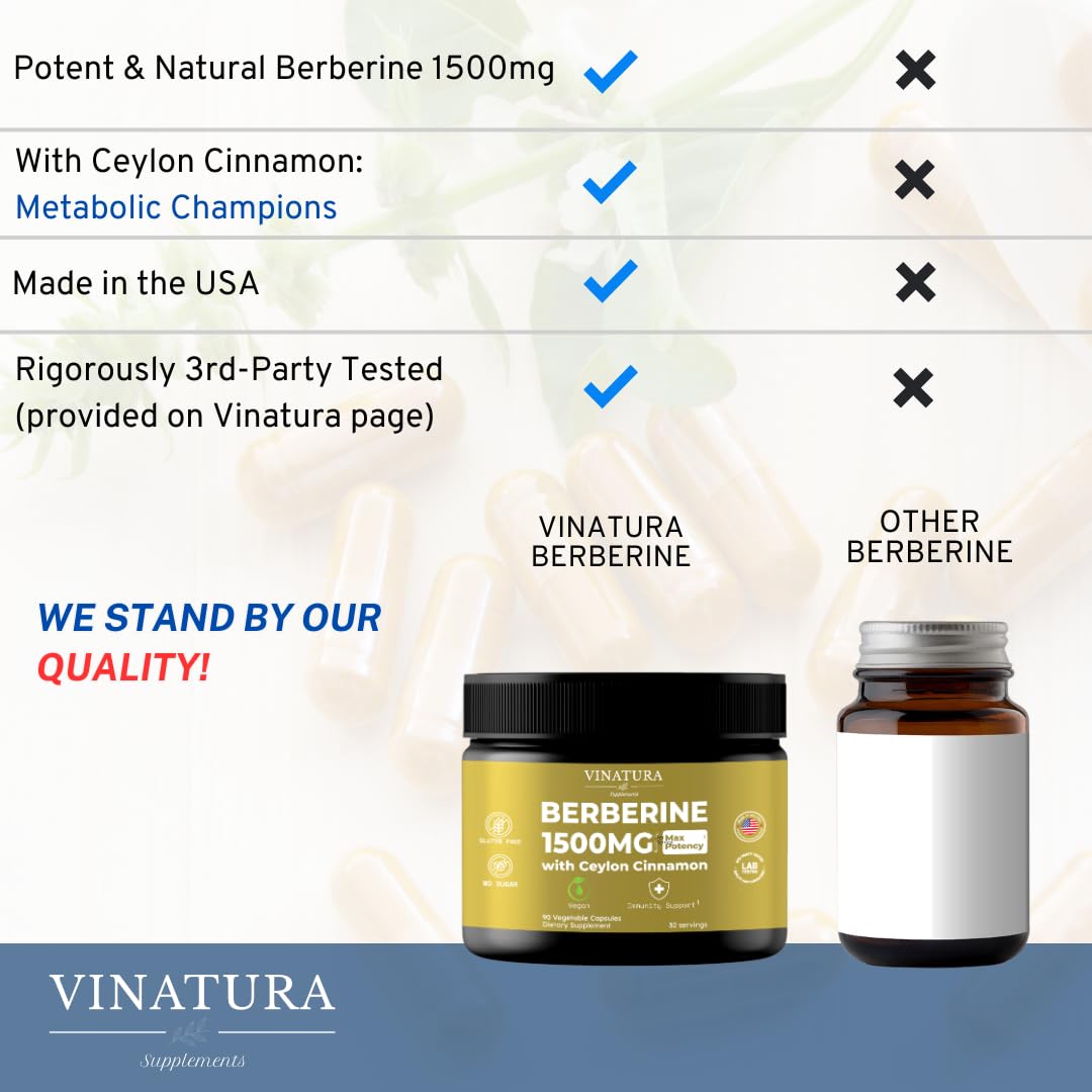 VINATURA Berberine 1500mg - Berberine Supplement with Ceylon Cinnamon, Max Potency Berberine HCL - 90 Capsules - Medaid International