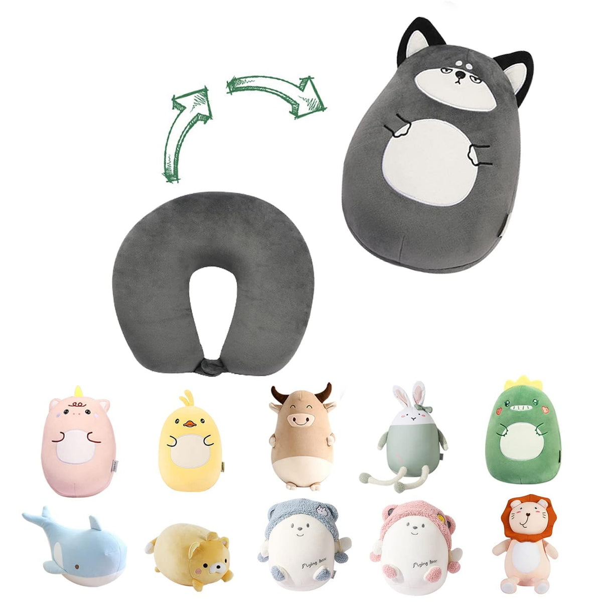 KASTWAVE Kids Travel Pillow - 2-in-1 Travel Pillow for Kids - Soft and Adorable Animals Reversible into a U-Shaped Neck Pillow for Airplane, Car, Train, or Bus