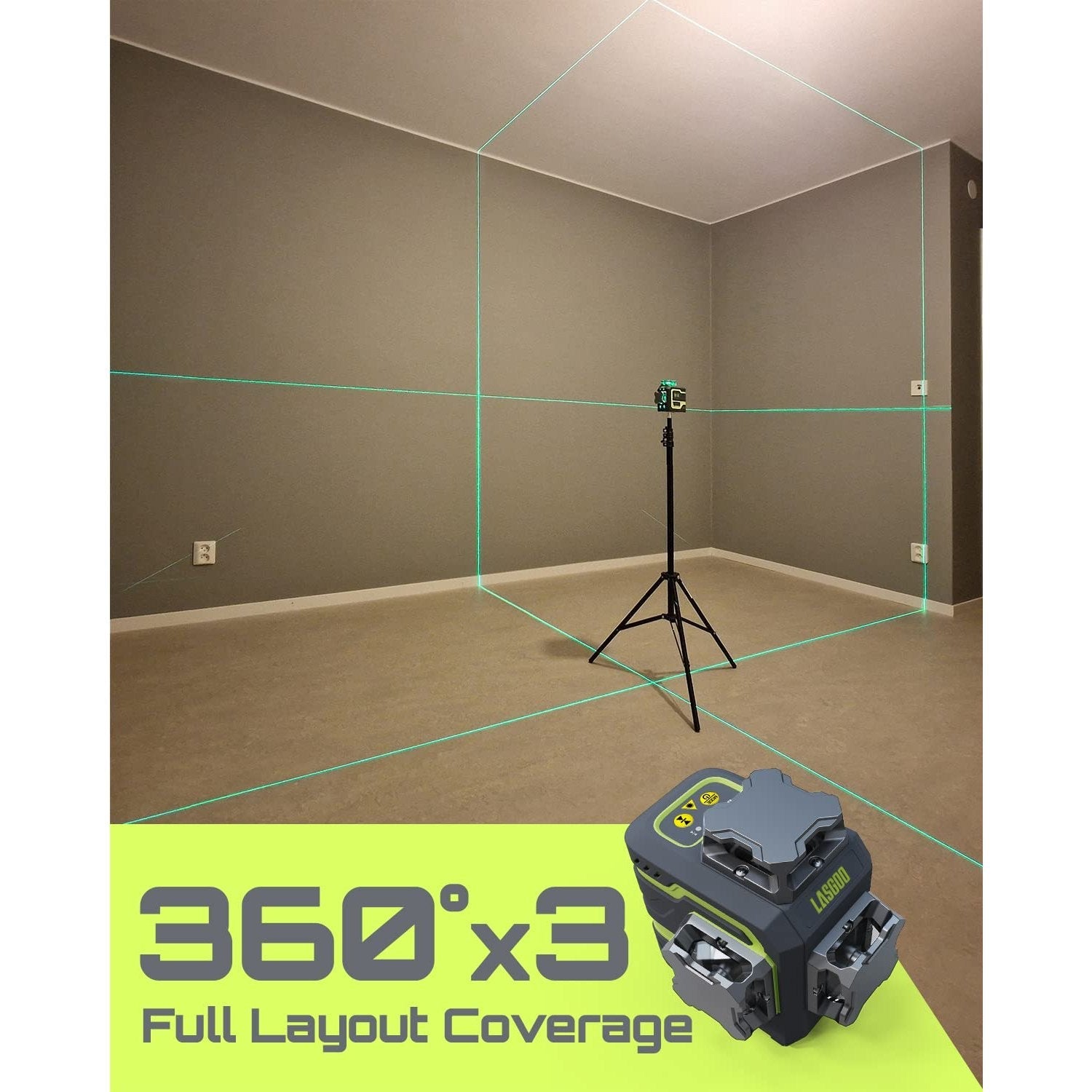 LasGoo LG-3D Laser Level Self Leveling 3x360°, 3D Green Beam Cross Line Laser for Construction and Picture Hanging, 2 Rechargeable Batteries (20 Hrs), Magnetic Liftable Stand Included, Green - Medaid International