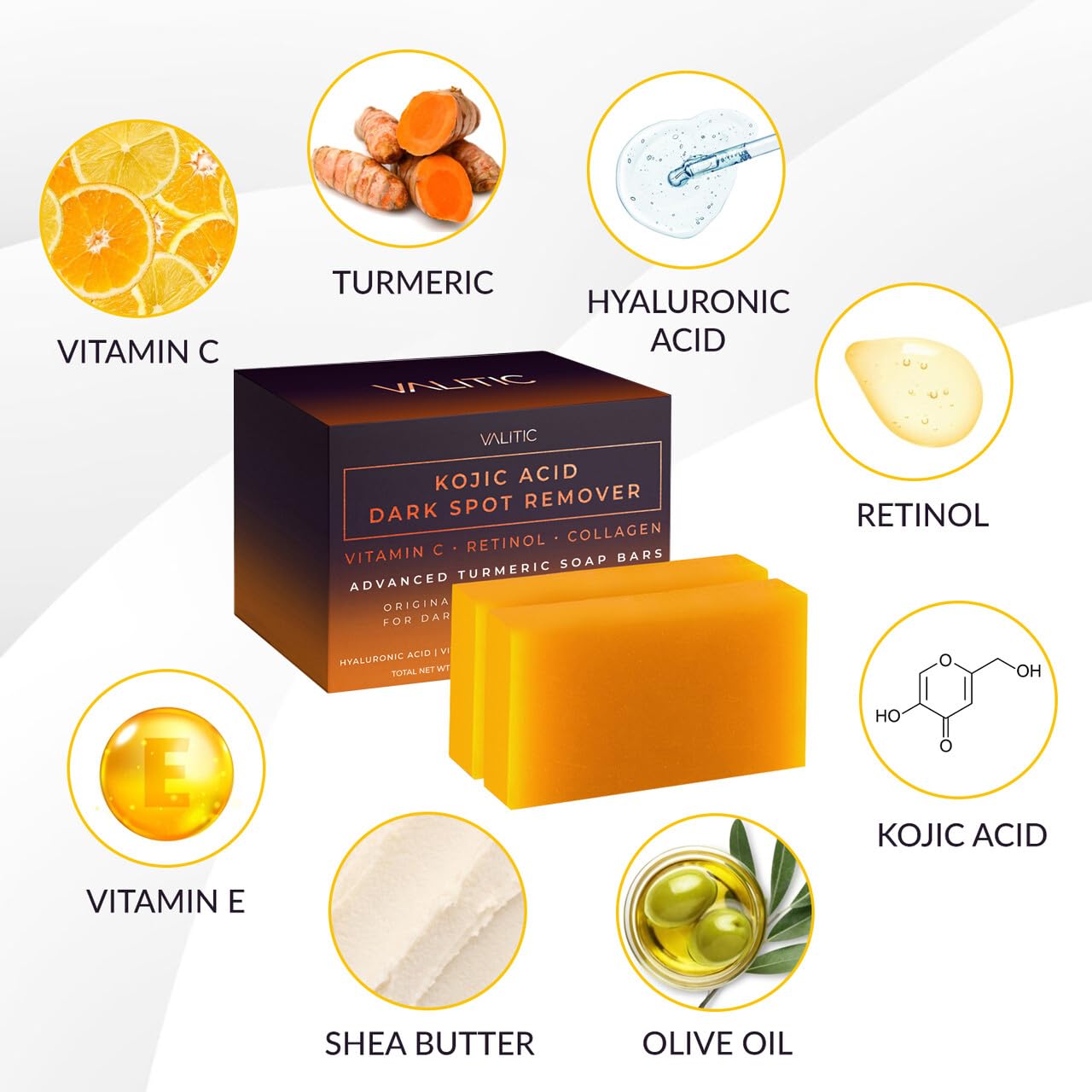 VALITIC Kojic Acid Dark Spot Remover Soap Bars with Vitamin C, Retinol, Collagen, Turmeric - Original Japanese Complex Infused with Hyaluronic Acid, Vitamin E, Shea Butter, Castile Olive Oil (2 Pack) - Medaid International
