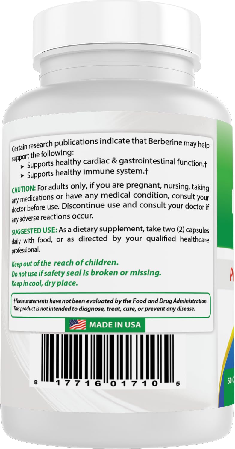 Best Naturals Berberine Plus 1000mg per Serving, (Non-GMO) 60 Capsules - Contains Berberine HCL 1000mg, Vitamin C 120mg & Zinc Gluconate 30 mg - Medaid International