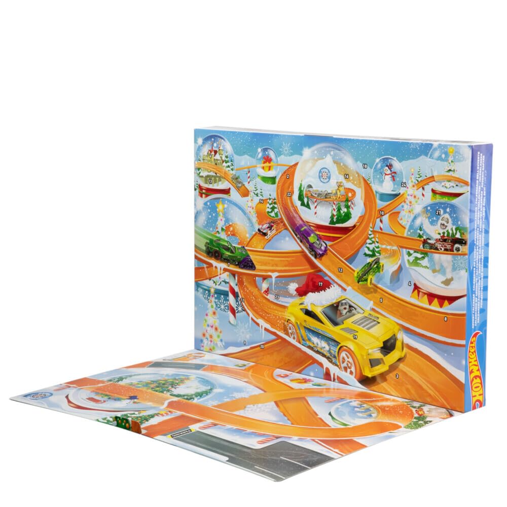 Hot Wheels Toy Cars, 2024 Advent Calendar, 8 1:64 Scale Cars, 16 Winter-Themed Accessories Behind 24 Numbered Doors & a Playmat - Medaid International
