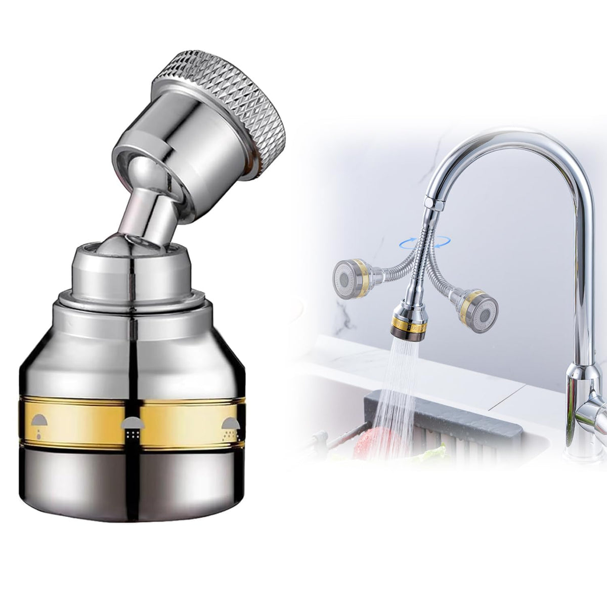 Azonee Faucet Sprayer Attachment, Kitchen Faucet Spray Head, Solid Brass and Stainless Steel 360 Degree Rotatable Aerator 3 Flow Mode Adjustable High-Pressure Booster Anti-Splash Water Saving Faucet