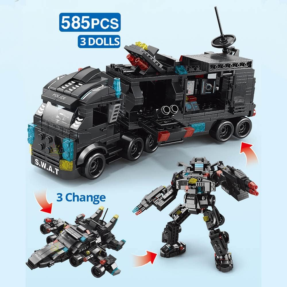 KASTWAVE City Police Station Building Kit, Building Block Robot 27 in1 SWAT Police Command Truck Building Kit for Kids City Helicopter Bricks Kit Educational Toys for Boy 6-12 Years Old 585PCS